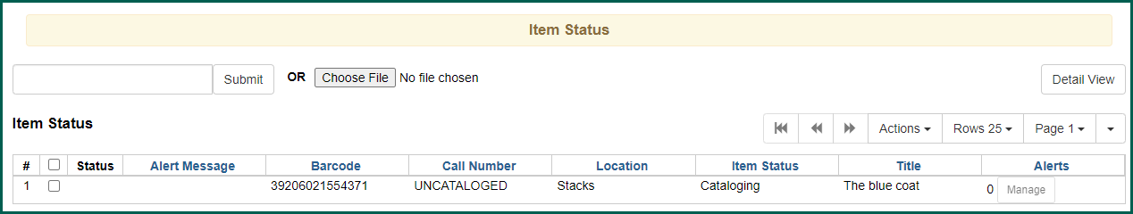 The pre-cataloged item will display in the grid on the Item Status screen.