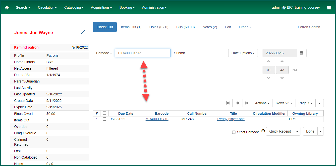 Arrow pointing between barcode field and check out grid