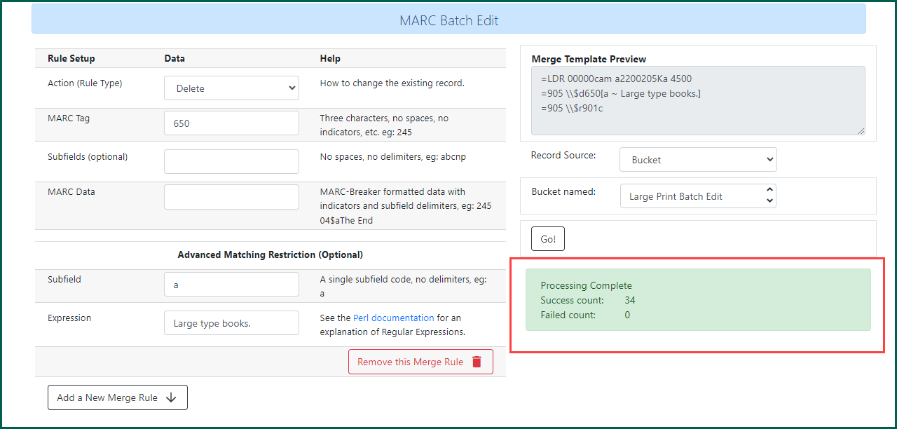 A green box denoting the success and failed count of records that were updated.