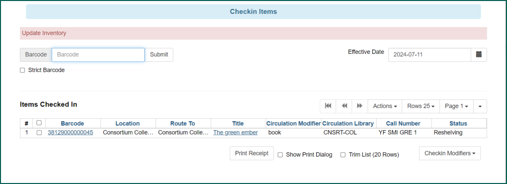 Checkin module with the Update Inventory modifier enabled