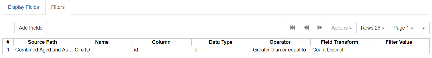 Filter combines Greater than or equal to operator with a Count Distinct field transform.