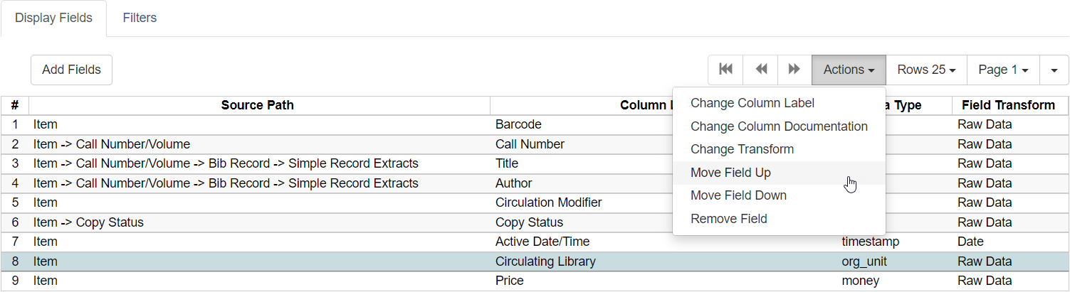 Click Move Field Up or Move Field Down from the Actions menu