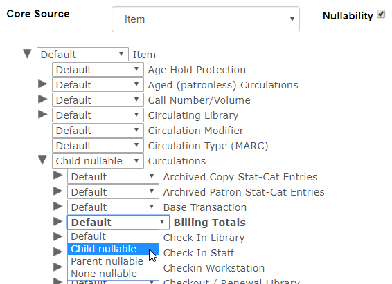 The subsource Billing Totals is set to child nullable within the subsource Circulations which is also set to child nullable.