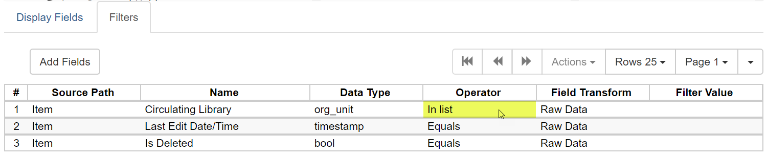 The operator changed from Equals to In List