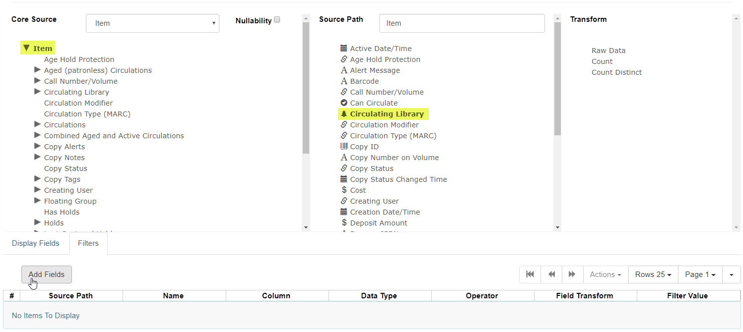 The Circulating Library field is selected to filter by specific library branches.