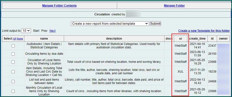 List of templates with the UI column describing the type of user interface used to create it.