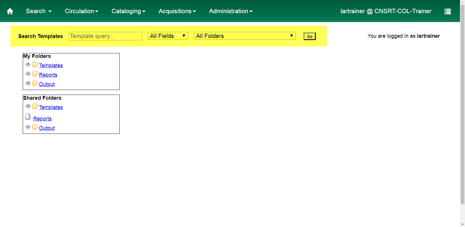 The template query field is located at the top left of the reports module.