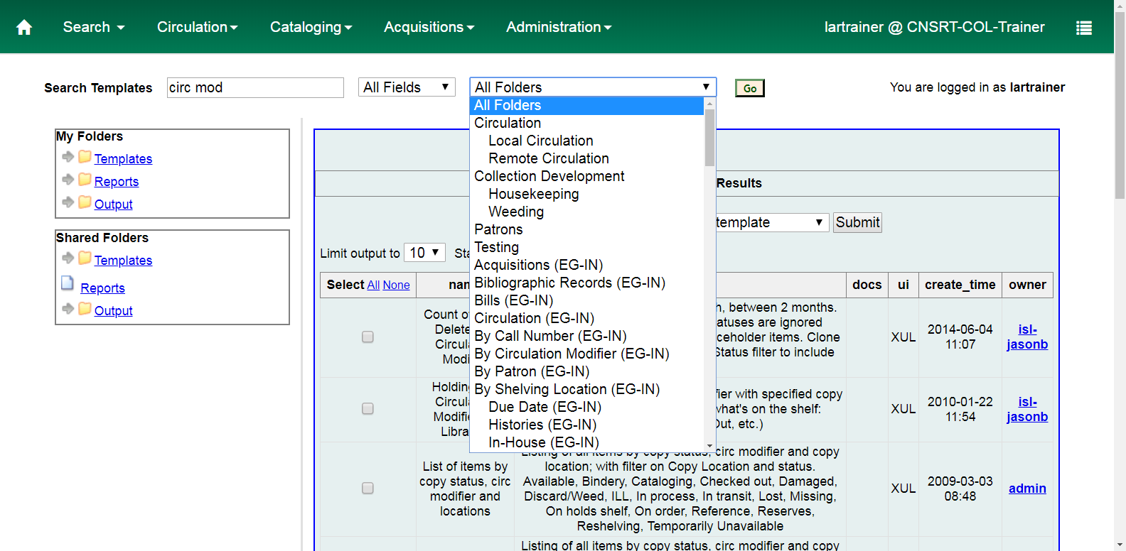 The All Folders drop down will show your folders as well as any system- and consortium-level shared folders.