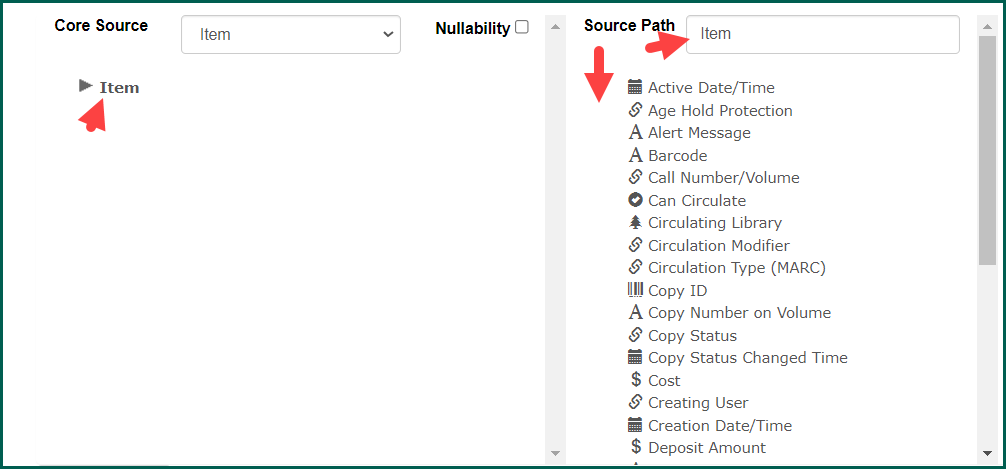 Clicking the source name will show the available fields in the second column under source path