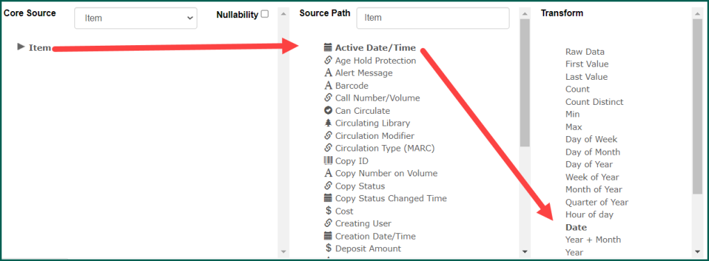 Click the source to reveal the available fields. Click a field to reveal the available transforms.